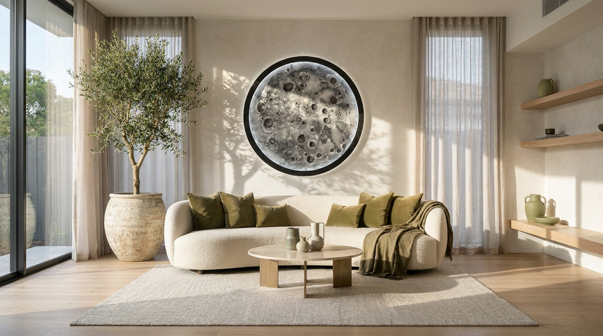 Textured circular moon wall sculpture displayed above a sofa in a living room