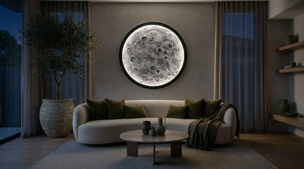 Illuminated moon wall sculpture displayed above a sofa at night